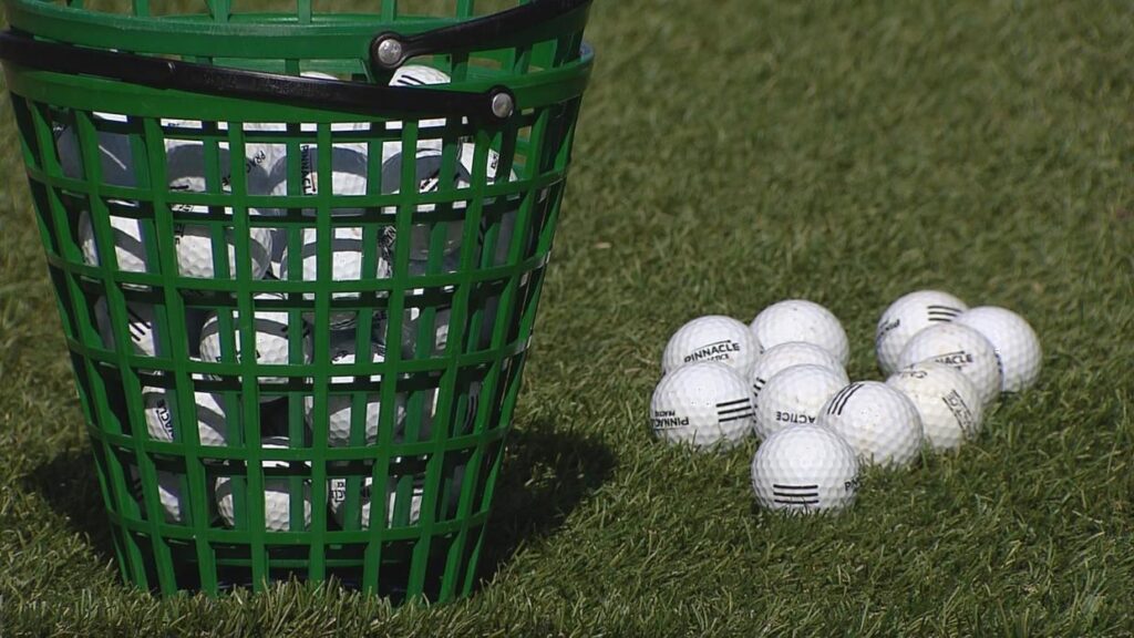 Golf balls and bucket on the greens of golf course